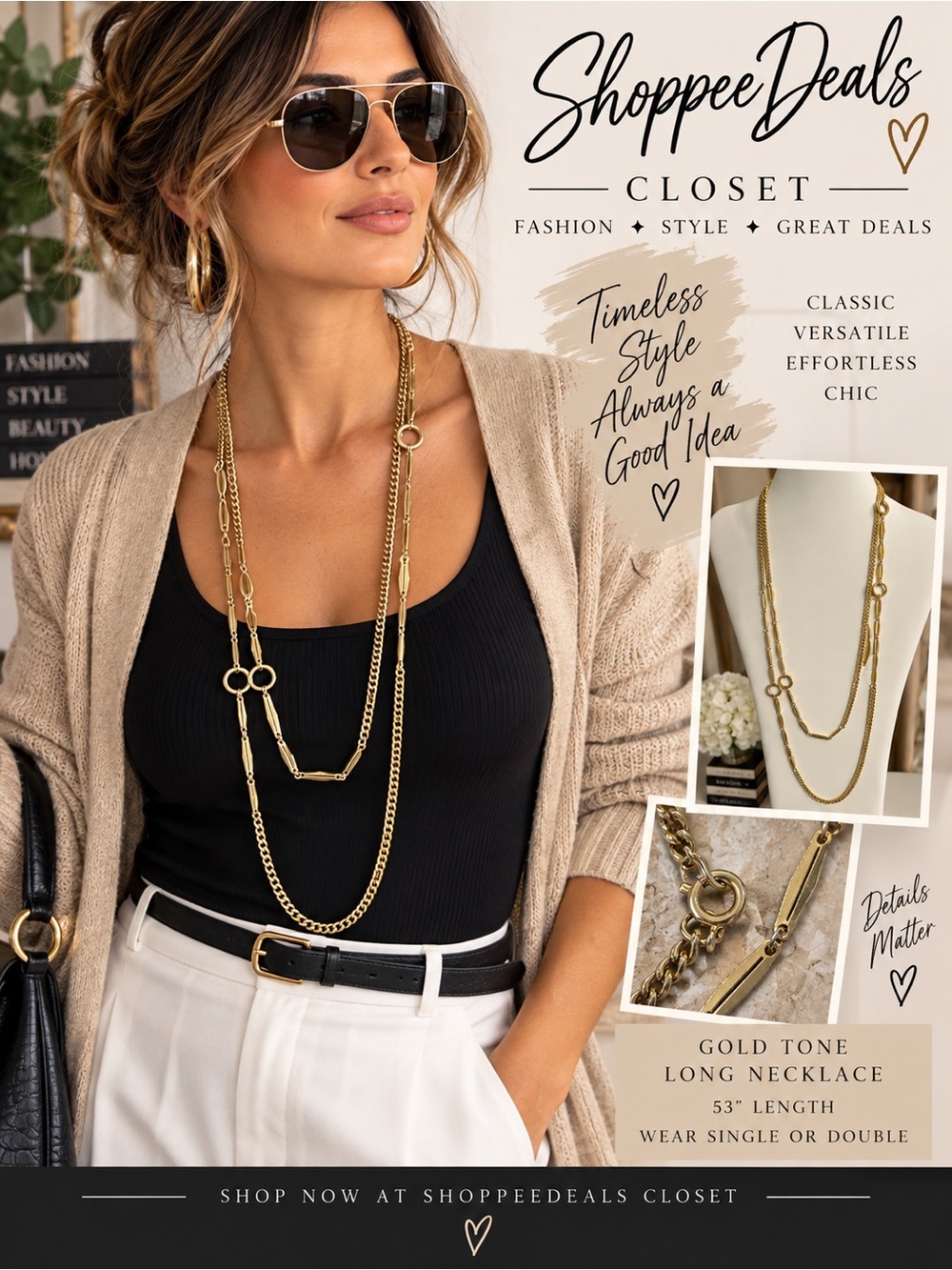 Gold Tone 53” Long Layering Necklace Double Strand Vintage Style